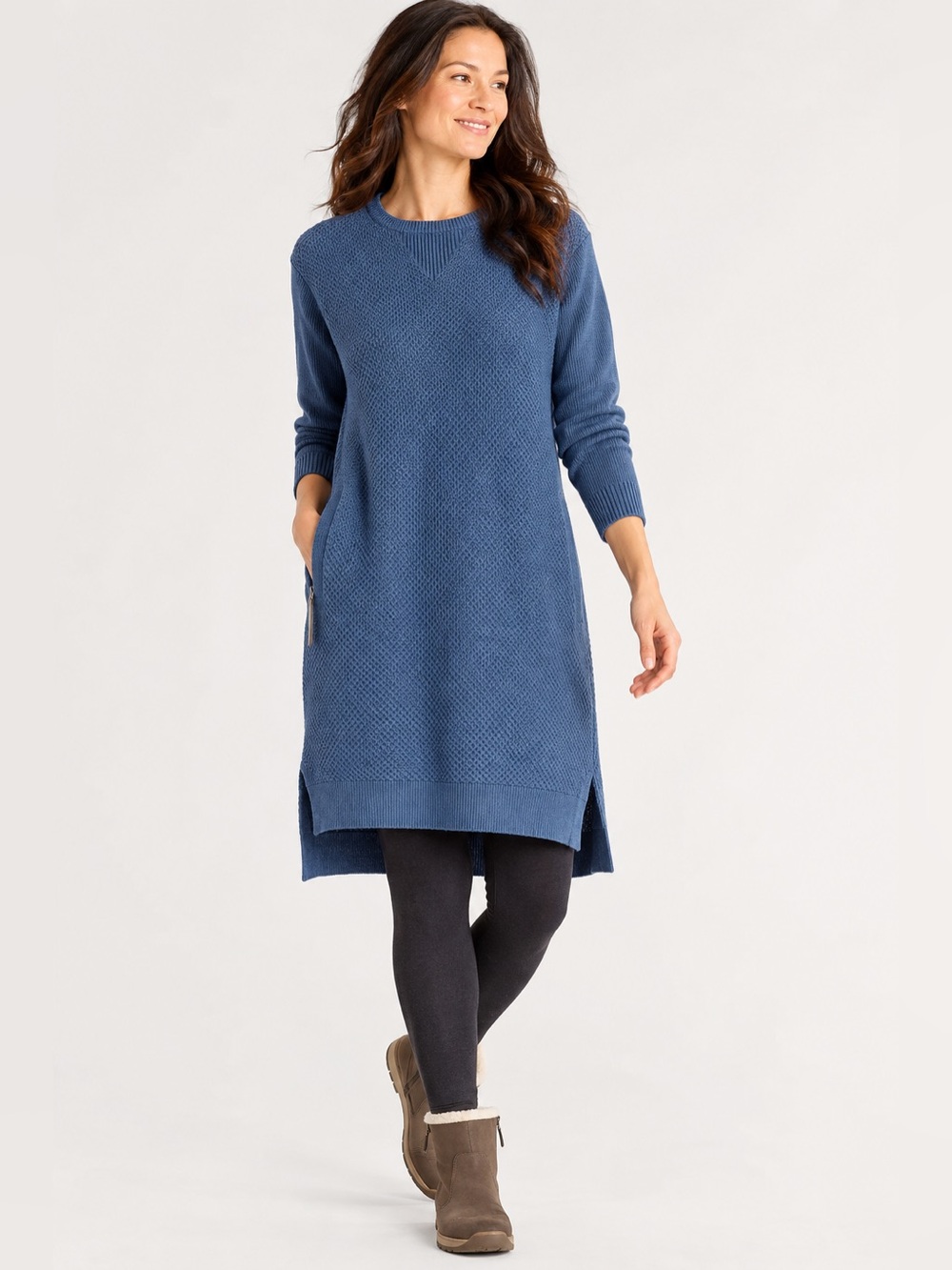 Title Nine Woolicious Blue Merino Wool Blend Waffle Sweater Dress High Low L